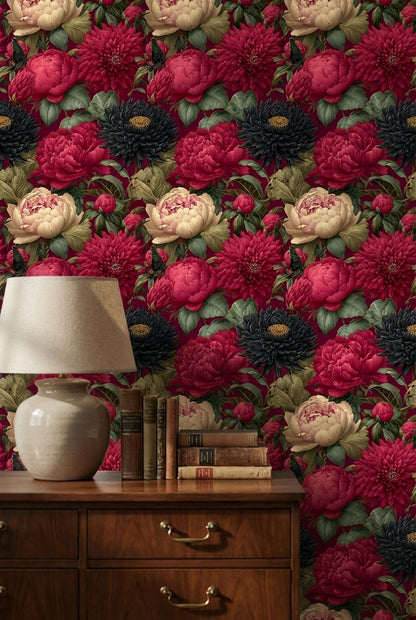 Vintage Şakayık Çiçekli Duvar Kağıdı Bordo Fon Desenli