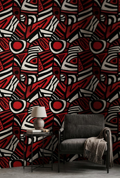 Geometrik Soyut Duvar Kağıdı Kırmızı Siyah Modern Desen