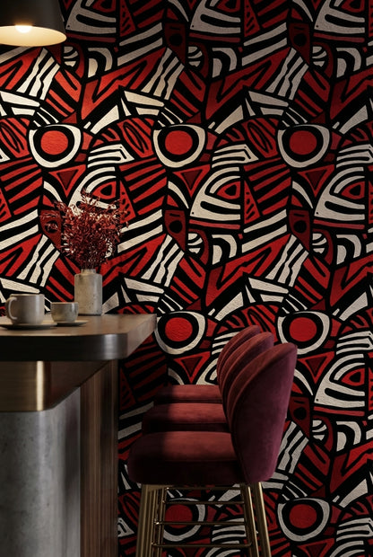 Geometrik Soyut Duvar Kağıdı Kırmızı Siyah Modern Desen