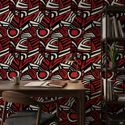 Geometrik Soyut Duvar Kağıdı Kırmızı Siyah Modern Desen