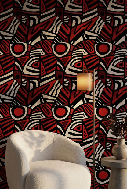 Geometrik Soyut Duvar Kağıdı Kırmızı Siyah Modern Desen