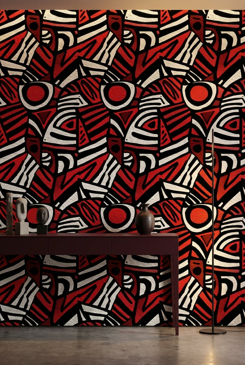 Geometrik Soyut Duvar Kağıdı Kırmızı Siyah Modern Desen