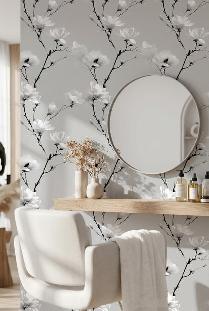Gri Zeminde Beyaz Manolya Çiçekli Duvar Kağıdı Salon