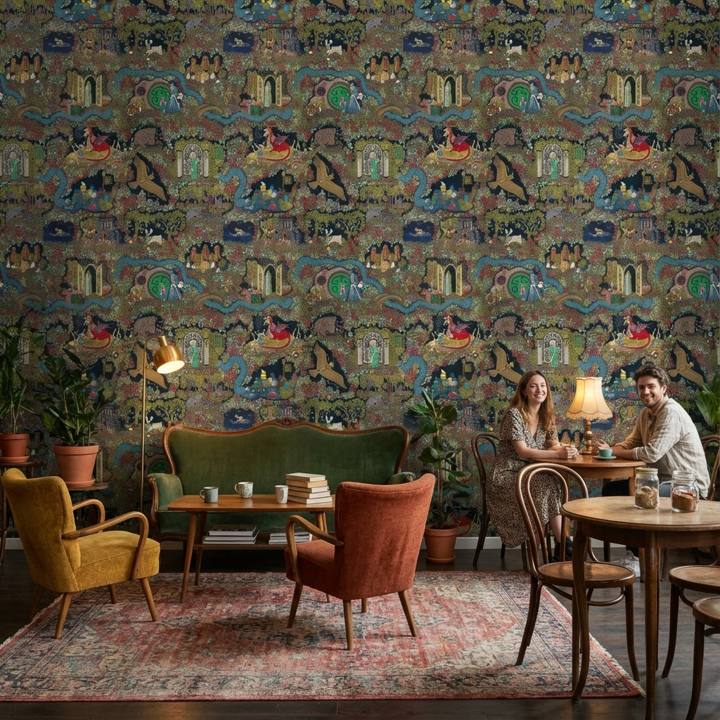 Masalsı Orman Figürlü Duvar Kağıdı Koyu Renk Desenli Salon
