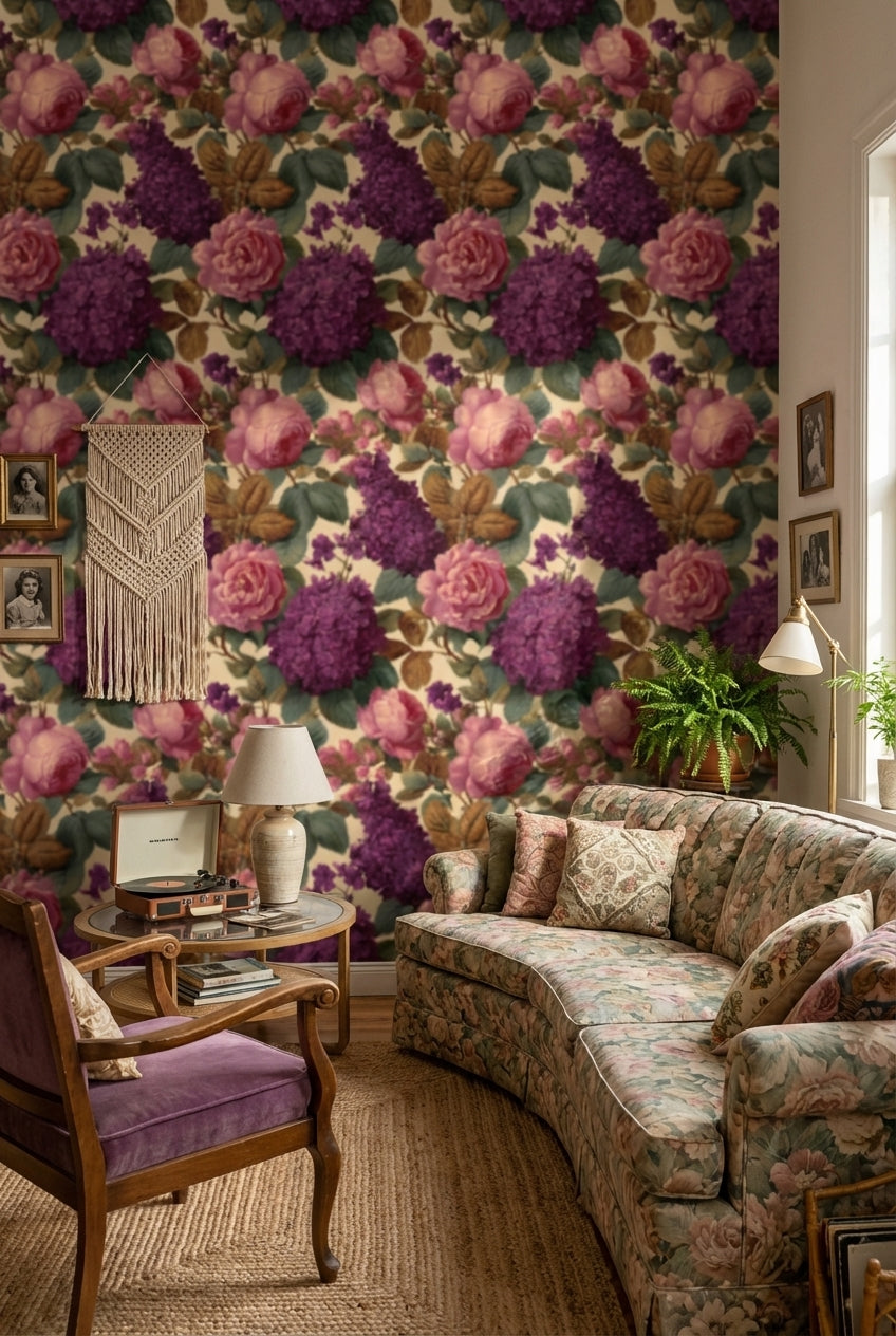 Güllü Ortancalı Duvar Kağıdı Mor Çiçek Desenli Salon