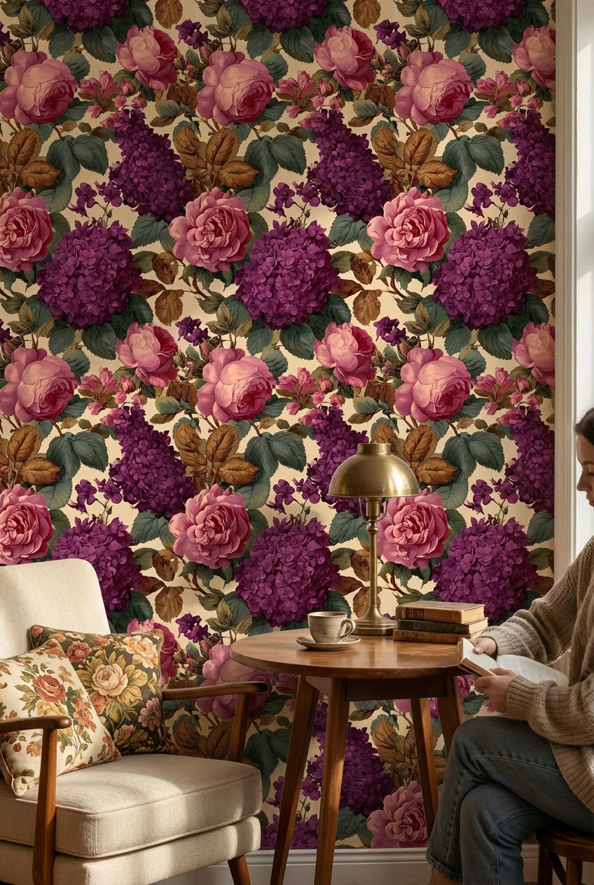Güllü Ortancalı Duvar Kağıdı Mor Çiçek Desenli Salon