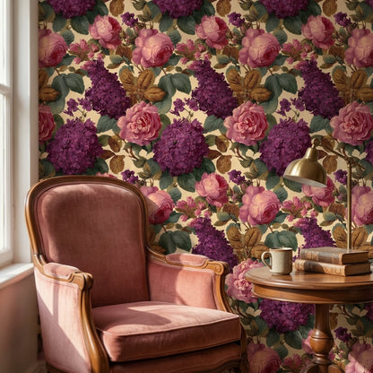 Güllü Ortancalı Duvar Kağıdı Mor Çiçek Desenli Salon