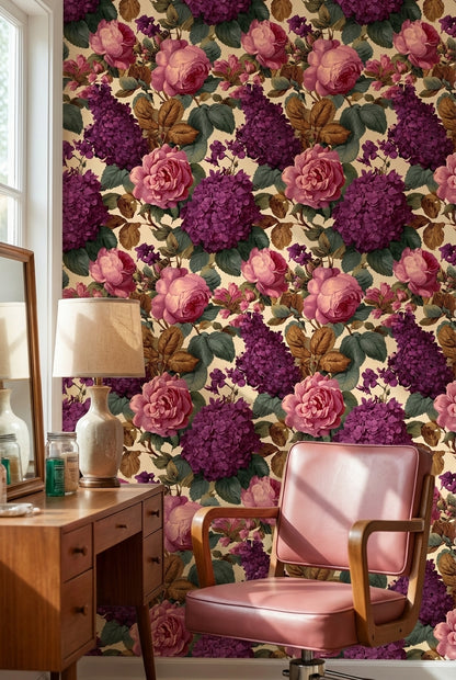 Güllü Ortancalı Duvar Kağıdı Mor Çiçek Desenli Salon