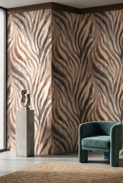 Zebra Desenli Duvar Kağıdı Bej Kahverengi Modern Salon