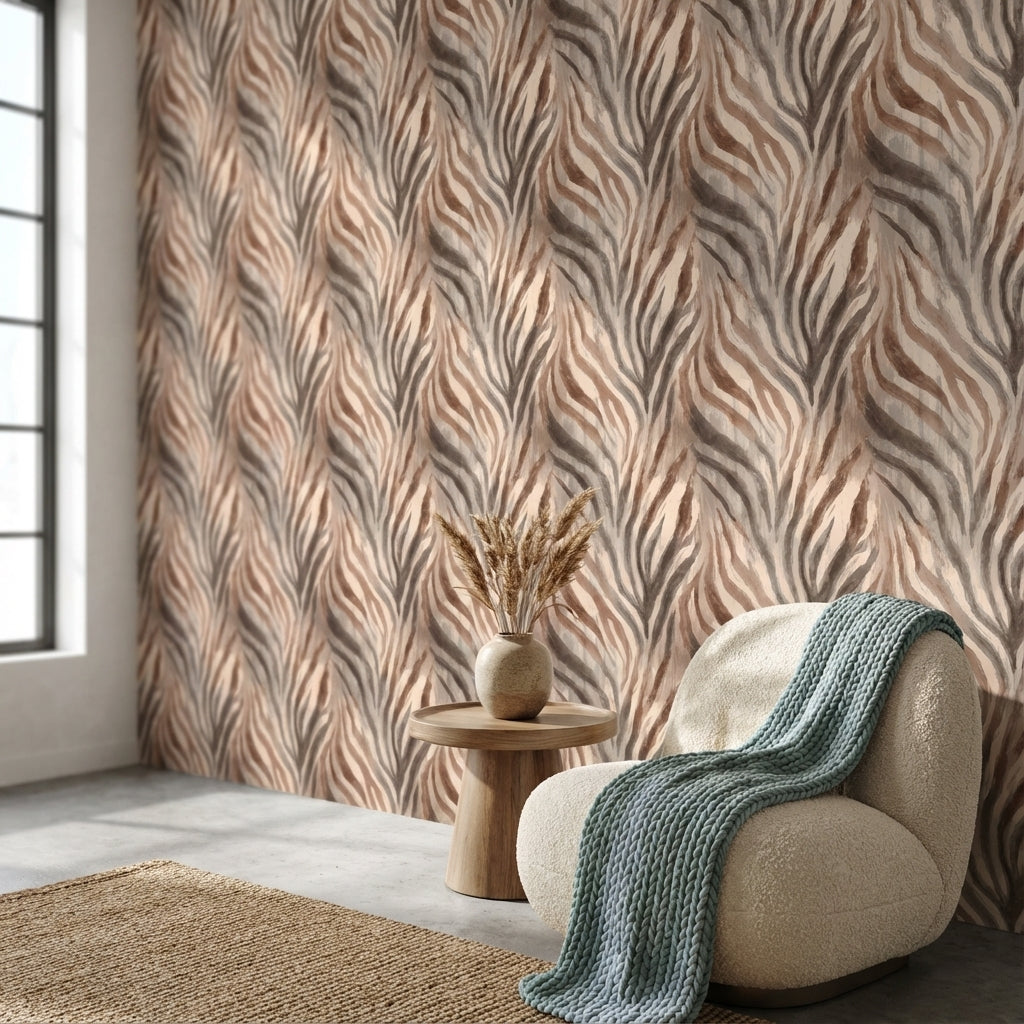 Zebra Desenli Duvar Kağıdı Bej Kahverengi Modern Salon