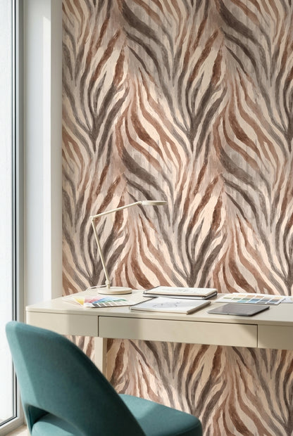 Zebra Desenli Duvar Kağıdı Bej Kahverengi Modern Salon
