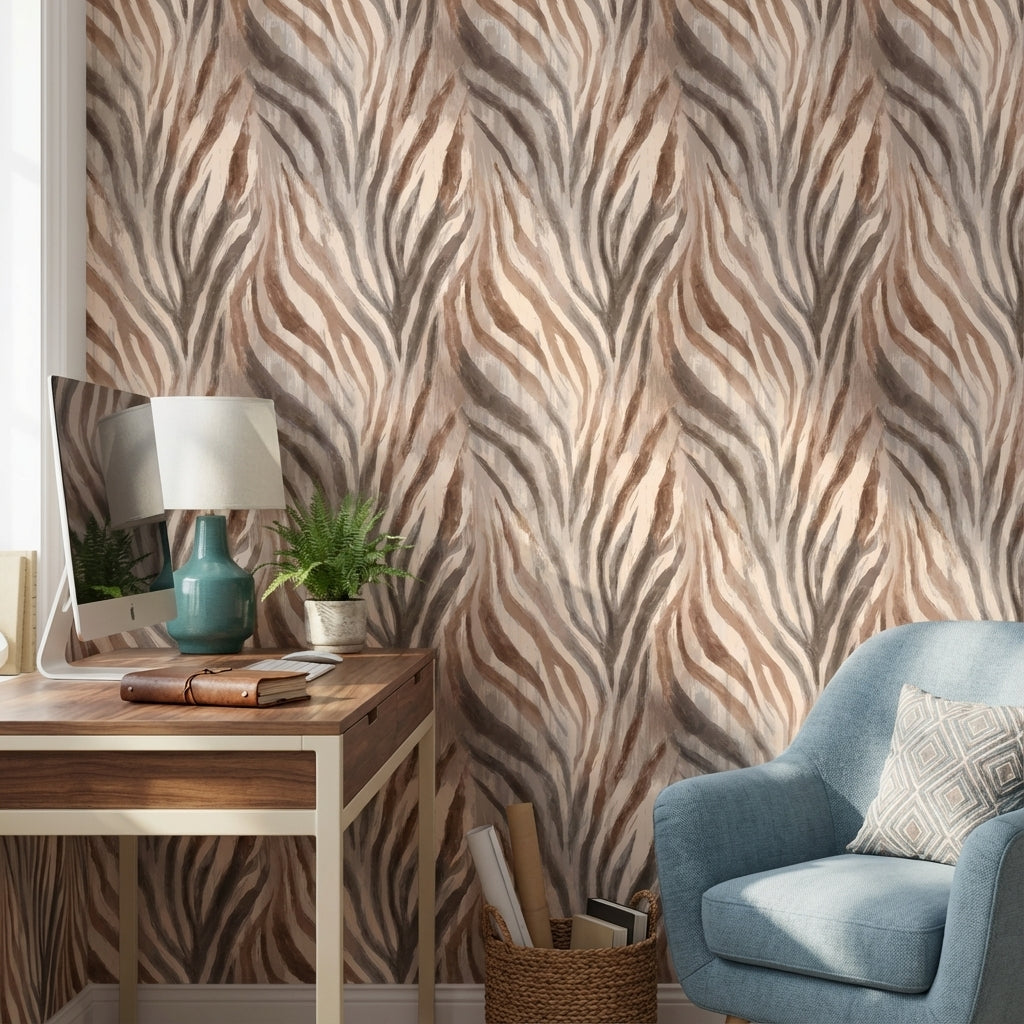 Zebra Desenli Duvar Kağıdı Bej Kahverengi Modern Salon