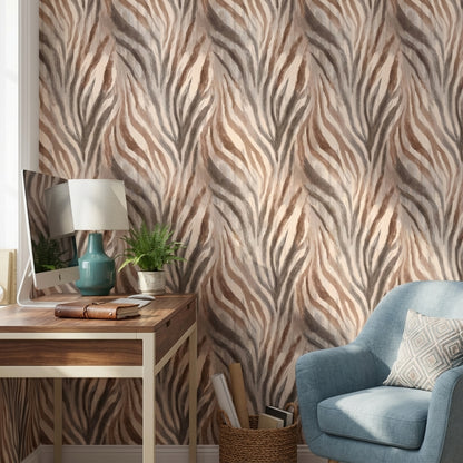 Zebra Desenli Duvar Kağıdı Bej Kahverengi Modern Salon
