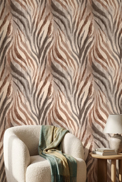 Zebra Desenli Duvar Kağıdı Bej Kahverengi Modern Salon