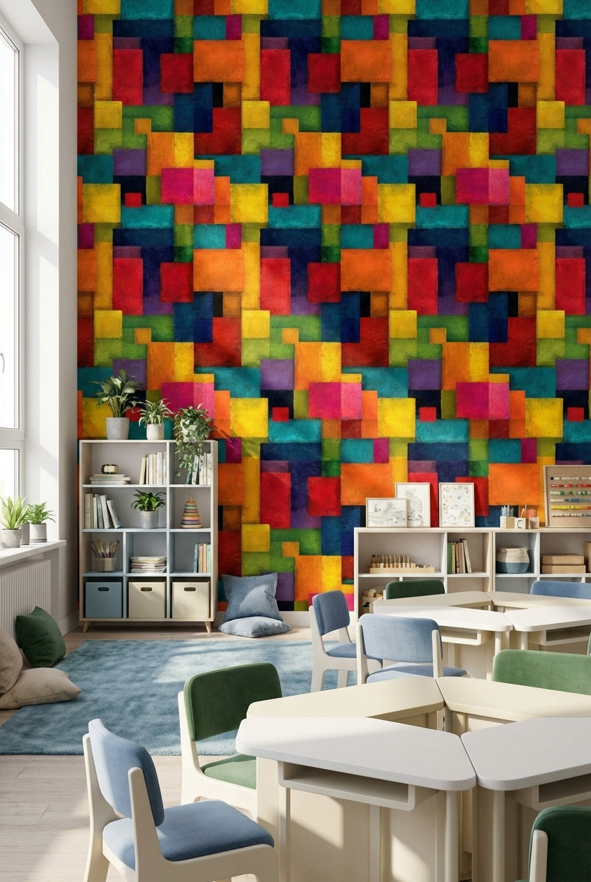 Renkli Geometrik Duvar Kağıdı Soyut Kare Desenli Modern