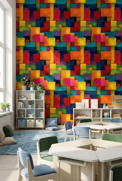 Renkli Geometrik Duvar Kağıdı Soyut Kare Desenli Modern