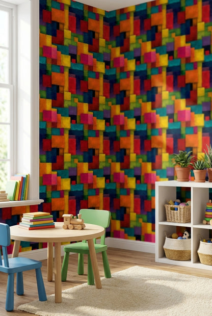 Renkli Geometrik Duvar Kağıdı Soyut Kare Desenli Modern