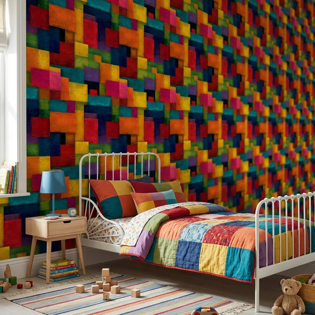 Renkli Geometrik Duvar Kağıdı Soyut Kare Desenli Modern