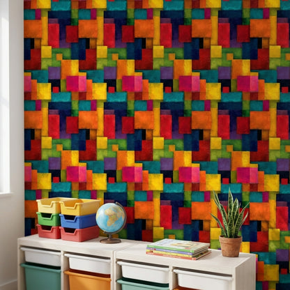Renkli Geometrik Duvar Kağıdı Soyut Kare Desenli Modern