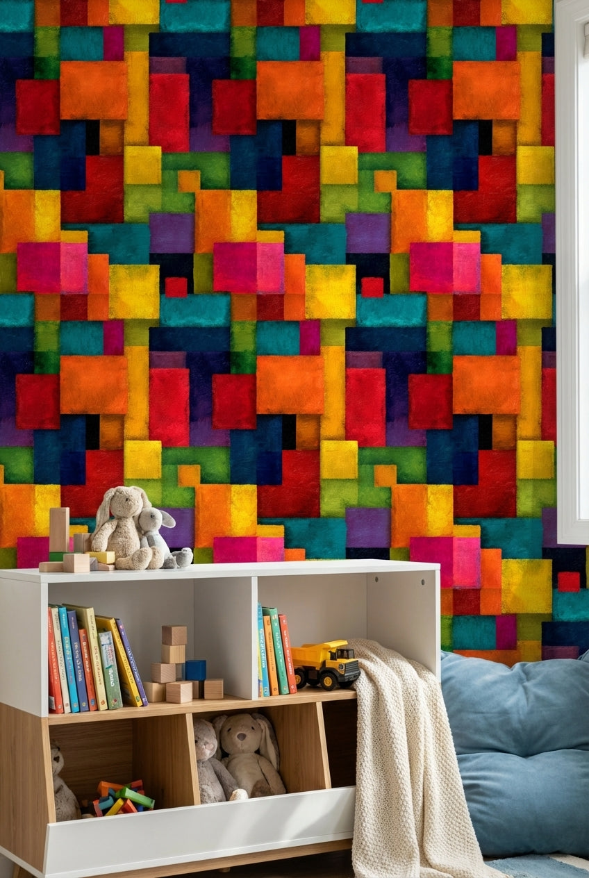Renkli Geometrik Duvar Kağıdı Soyut Kare Desenli Modern