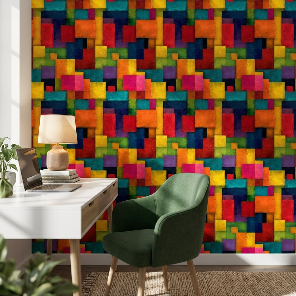Renkli Geometrik Duvar Kağıdı Soyut Kare Desenli Modern