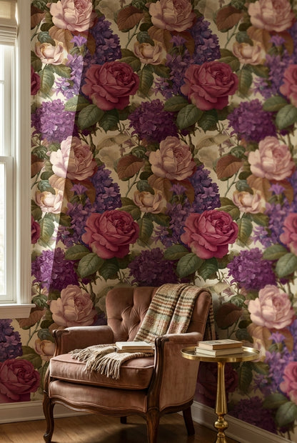 Vintage Güllü Duvar Kağıdı Mor Çiçek Desenli Salon