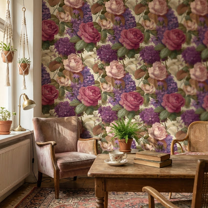 Vintage Güllü Duvar Kağıdı Mor Çiçek Desenli Salon