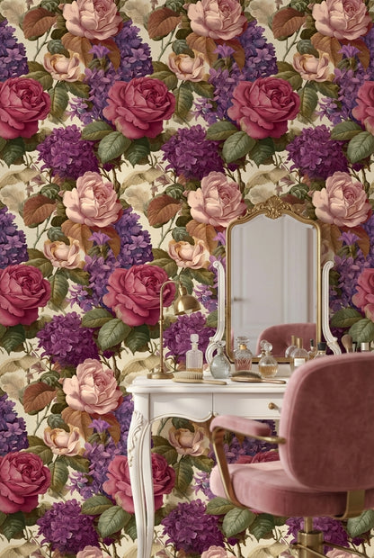 Vintage Güllü Duvar Kağıdı Mor Çiçek Desenli Salon