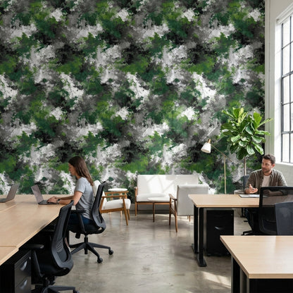 Yeşil Siyah Soyut Desenli Duvar Kağıdı Modern Salon