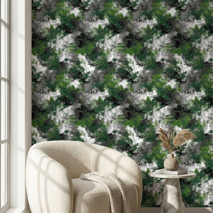 Yeşil Siyah Soyut Desenli Duvar Kağıdı Modern Salon