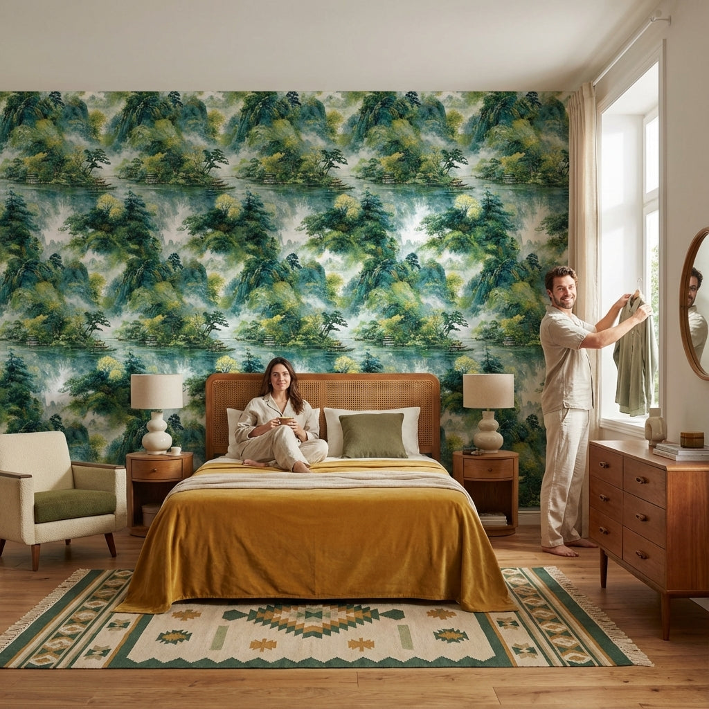 Yeşil Dağ ve Göl Manzaralı Duvar Kağıdı Salon