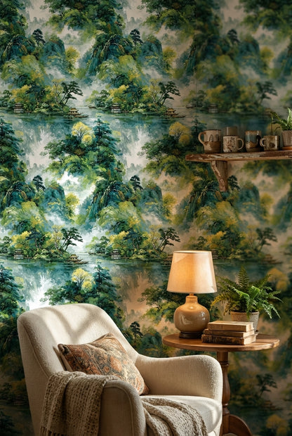 Yeşil Dağ ve Göl Manzaralı Duvar Kağıdı Salon