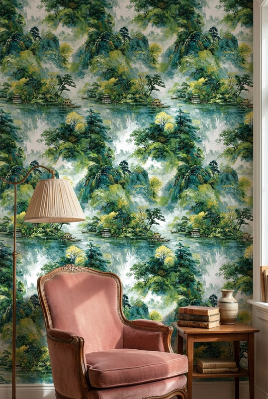 Yeşil Dağ ve Göl Manzaralı Duvar Kağıdı Salon