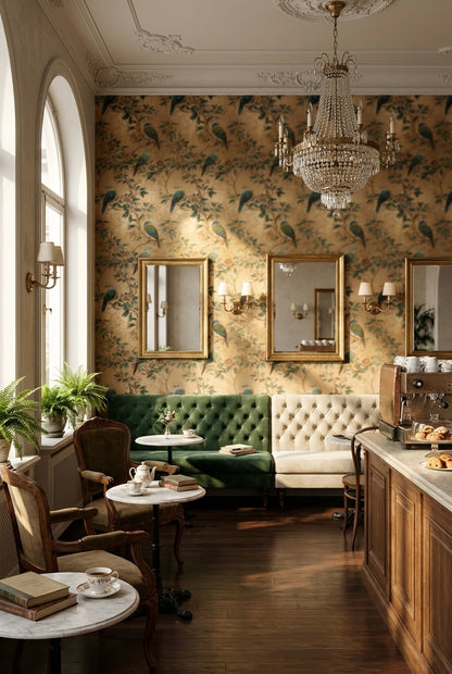 Kuş ve Çiçek Desenli Duvar Kağıdı Bej Vintage Salon