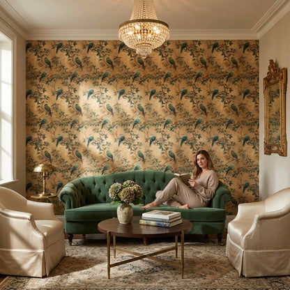 Kuş ve Çiçek Desenli Duvar Kağıdı Bej Vintage Salon