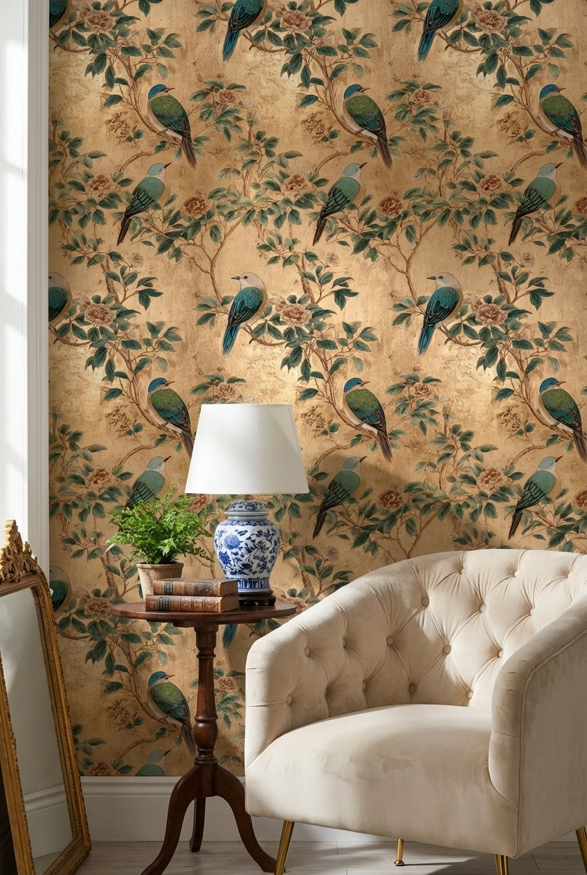 Kuş ve Çiçek Desenli Duvar Kağıdı Bej Vintage Salon
