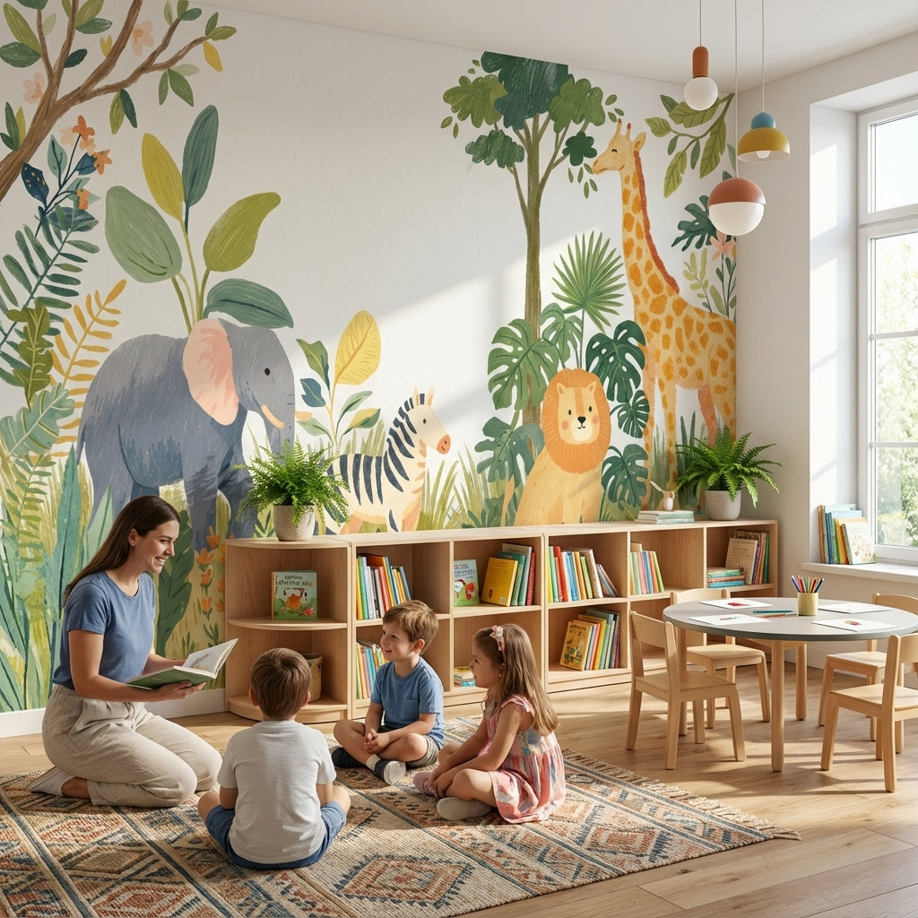 Safari Hayvanlı Poster Duvar Kağıdı Yeşil Çocuk Odası