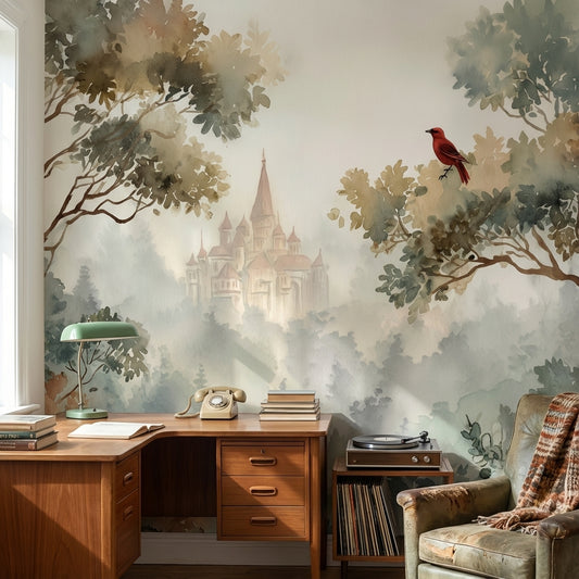 Masalsı Şato ve Orman Poster Duvar Kağıdı Bej Yeşil