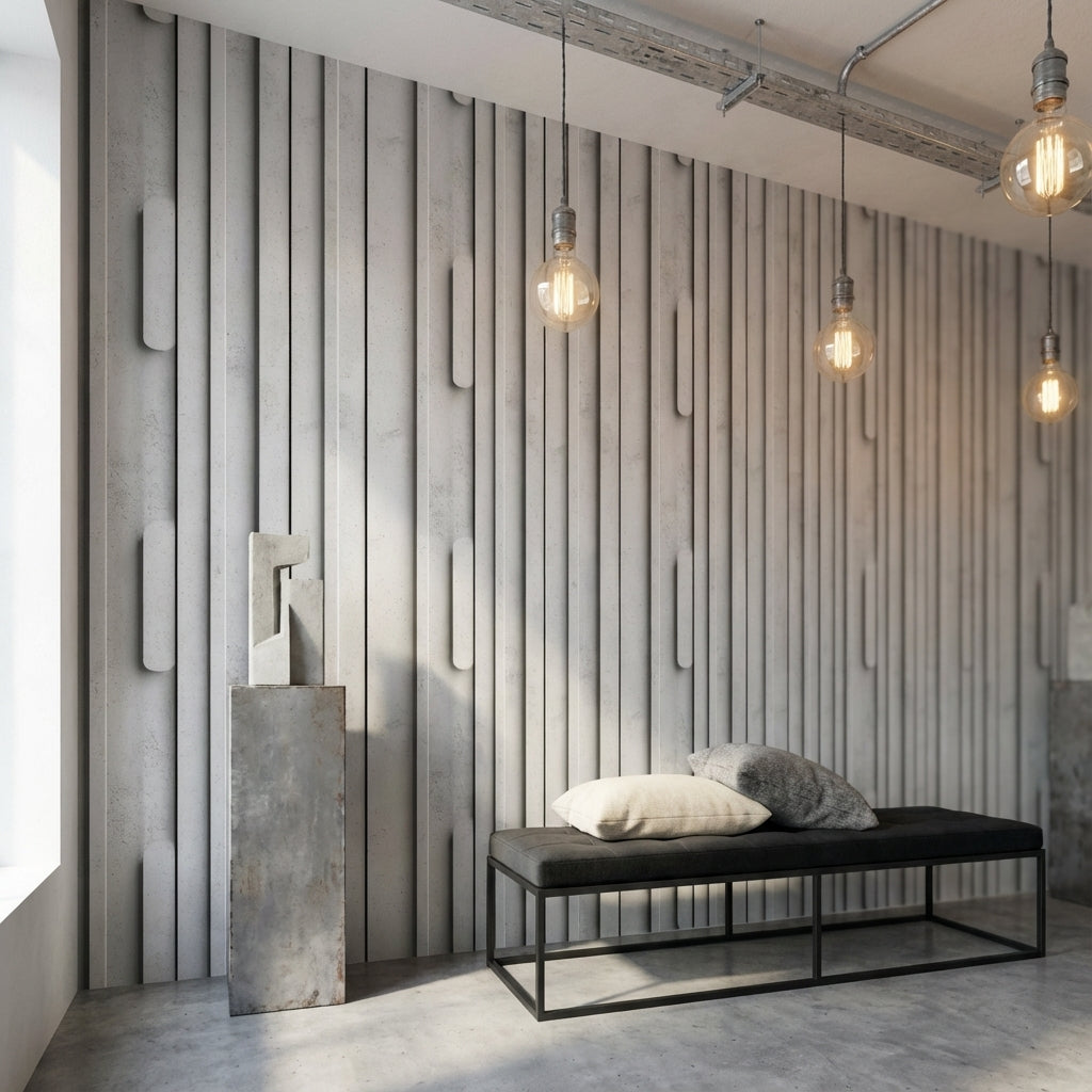 Beton Görünümlü Geometrik Duvar Kağıdı Gri Modern Salon