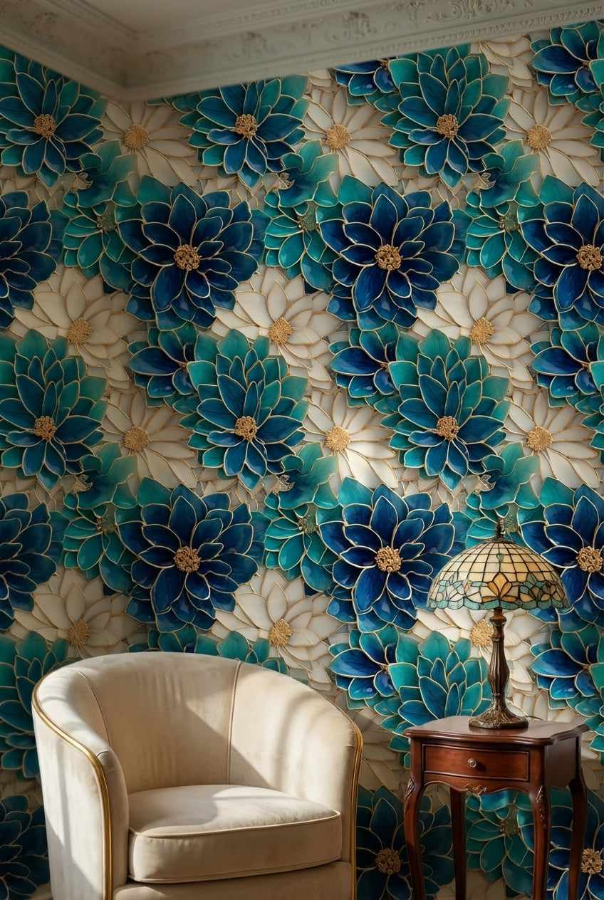 Turkuaz Mavi Çiçek Desenli Duvar Kağıdı Banyo Dekoru