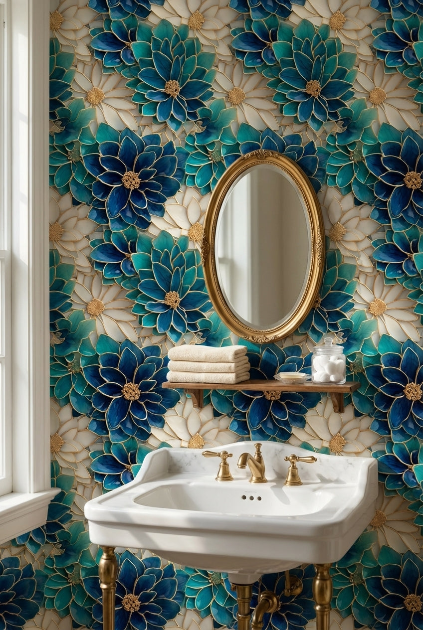 Turkuaz Mavi Çiçek Desenli Duvar Kağıdı Banyo Dekoru