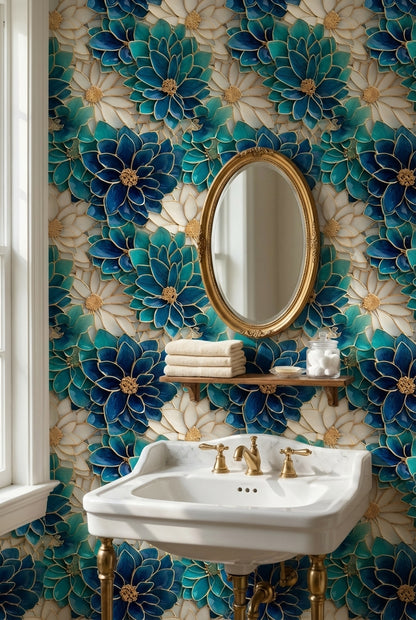 Turkuaz Mavi Çiçek Desenli Duvar Kağıdı Banyo Dekoru