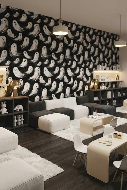 Hayalet Desenli Duvar Kağıdı Siyah Beyaz Tekrarlı Modern