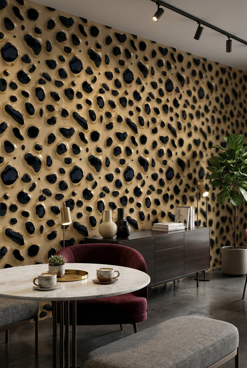 Leopar Desenli Duvar Kağıdı Bej Siyah Modern Salon