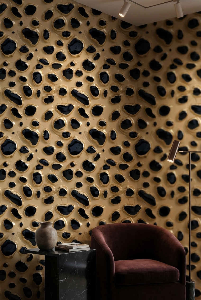 Leopar Desenli Duvar Kağıdı Bej Siyah Modern Salon