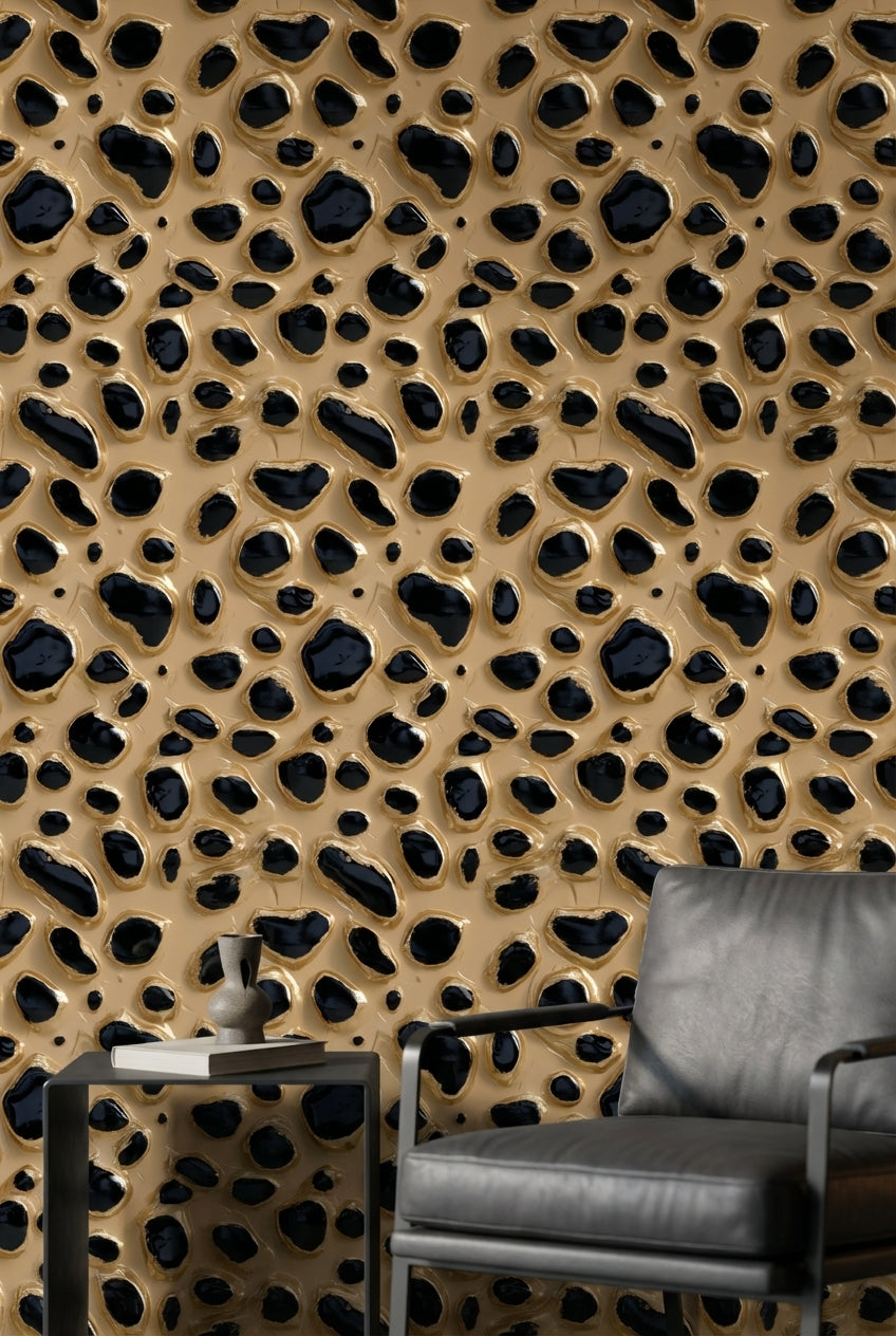 Leopar Desenli Duvar Kağıdı Bej Siyah Modern Salon