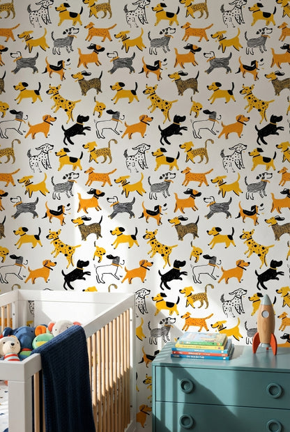 Köpek Desenli Duvar Kağıdı Sarı Siyah Çocuk Odası