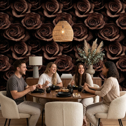 Kahverengi Gül Desenli Duvar Kağıdı Koyu Çiçekli Salon