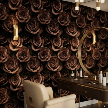 Kahverengi Gül Desenli Duvar Kağıdı Koyu Çiçekli Salon