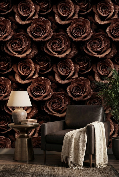 Kahverengi Gül Desenli Duvar Kağıdı Koyu Çiçekli Salon